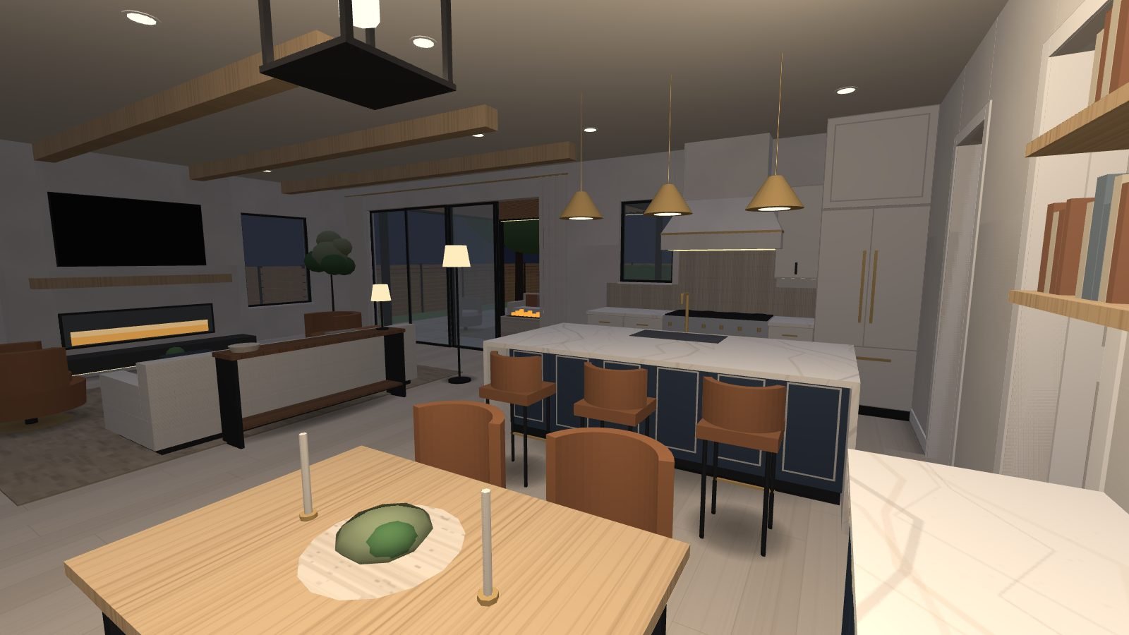 Kitchen with a navy island and a plaster range hood